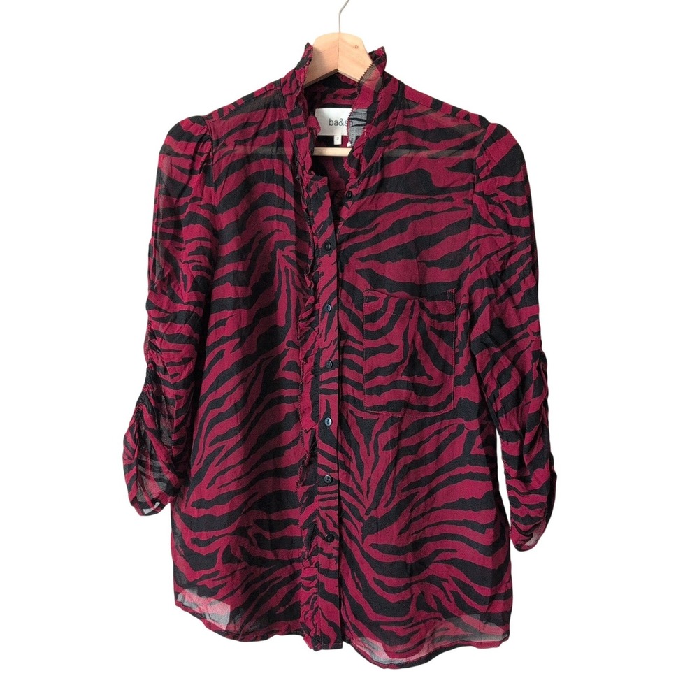 ba&sh Zebra Print Sheer Button Up Shirt Womens Size S Red Black Long Sleeve $195